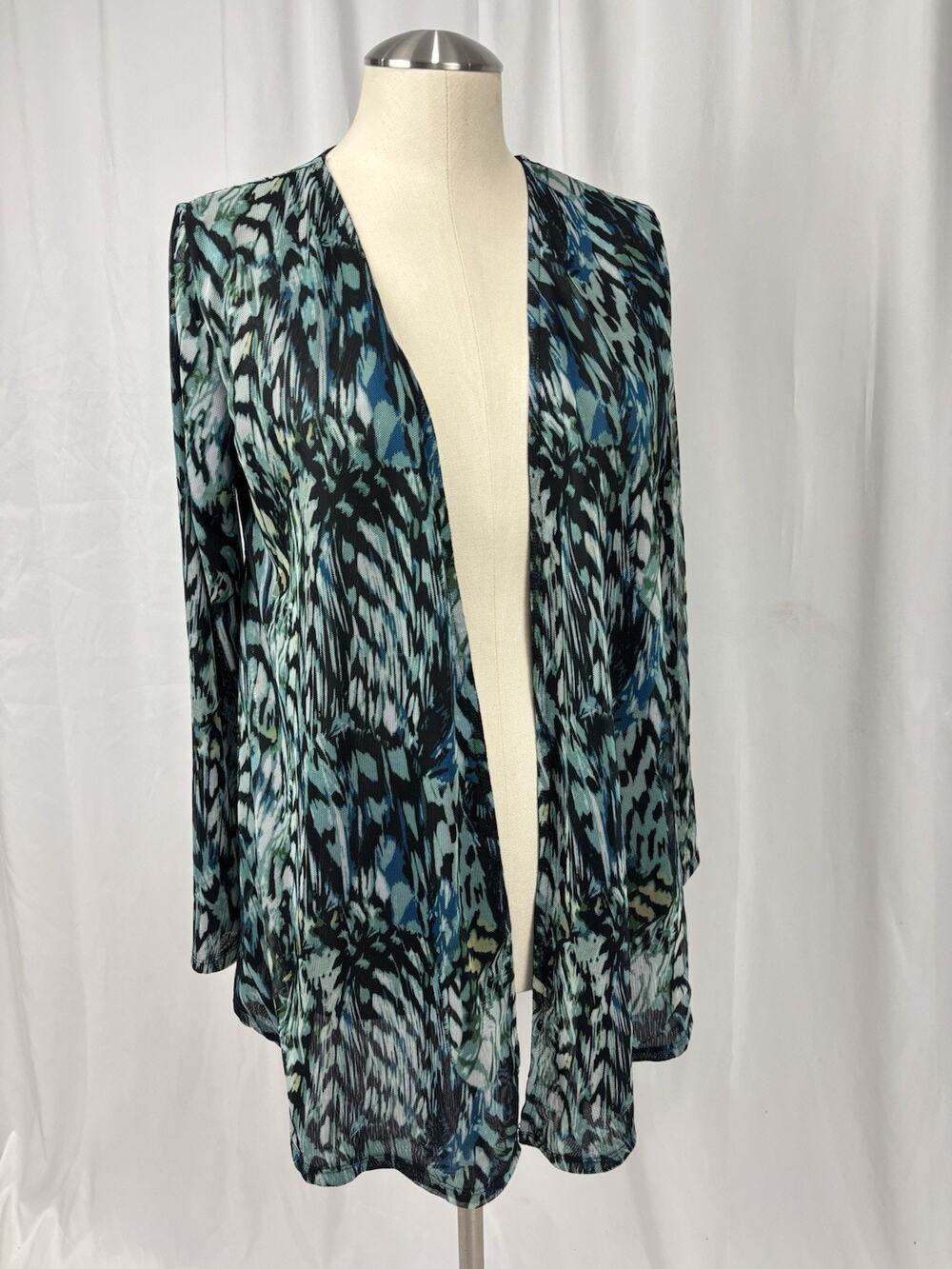 Chicos 0 Green Blue Leaf Print Sheer Mesh Open Front Cardigan Size S